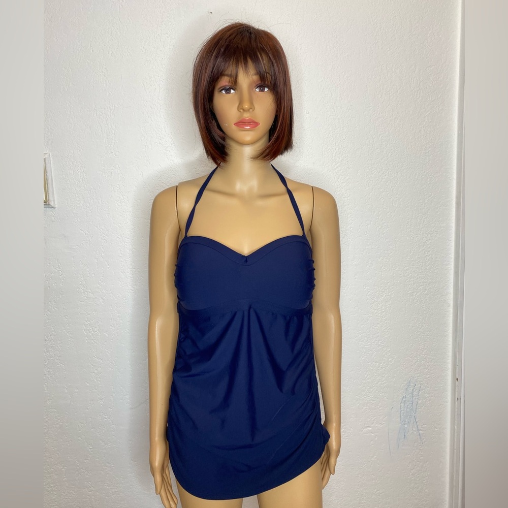 🆕 Athleta Molded Bandeau Tankini Top Halter UPF 50+ Swimsuit Size L Dark Blue